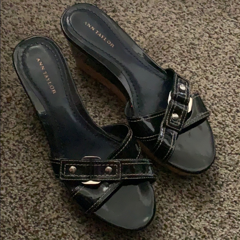 Ann Taylor Sandals-Navy Patent with silver buckle
